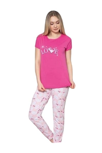 pamuklu Set pijama bluza si pantalon, imprimeu cu text Love, culoare fucsia, S