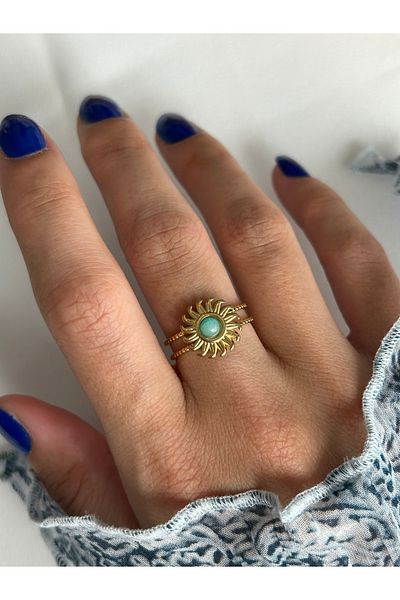 ringbox Steel Tarnish-Free Turquoise Stone Sun Ring