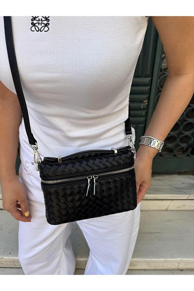 Tina İstanbul Geanta din piele tricotata cu fermoar neagra