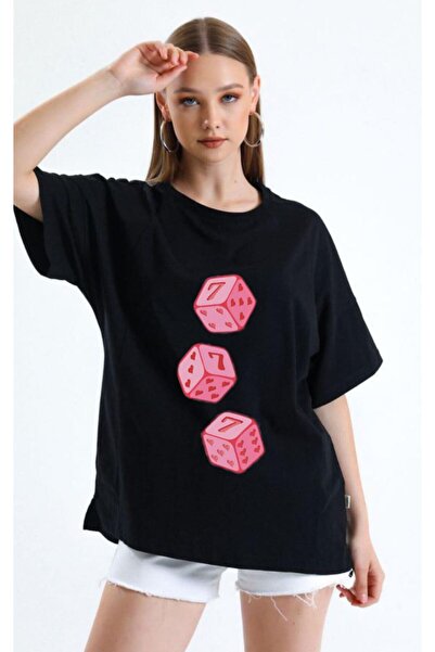 Elvino تيشيرت قطن للجنسين بمقاس كبير مطبوع 777 نرد، بياقة دائرية