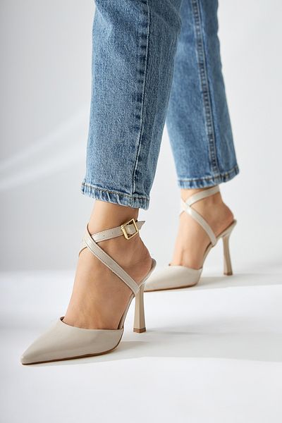 Limoya Elsi Beige Patent Leather Ankle Strap Women's Heeled Shoes