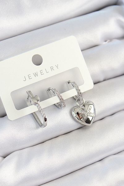 SeyCey.co Brass Zircon Stone Heart Model Silver Color 3-Piece Double Women's Earring Set