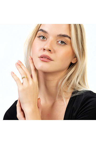 Tesbihane Beyaz Zirkon Taşlı Merdiven Tasarım Altın Rengi Ayarlanabilir Ölçü 925 Ayar Gümüş Kadın Yüzük