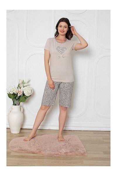 berfin Women's Pajama Set - Short Sleeve Top and Shorts, Light Brown, Size S