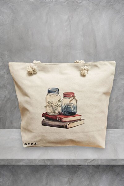BEKZ Beach Tote Bag, Books and flowers 7 model, 40x51 cm, Cream, BEKZ®