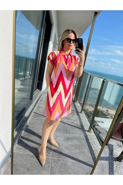 LOS FECHKA Rochie de damă cu guler polo cu model geometric cu mâneci cu șnur din in roz