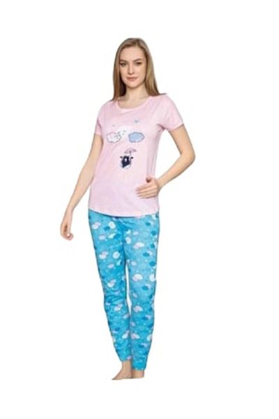pamuklu Set pijama - cămașă și pantaloni cu imprimeu, albastru, M