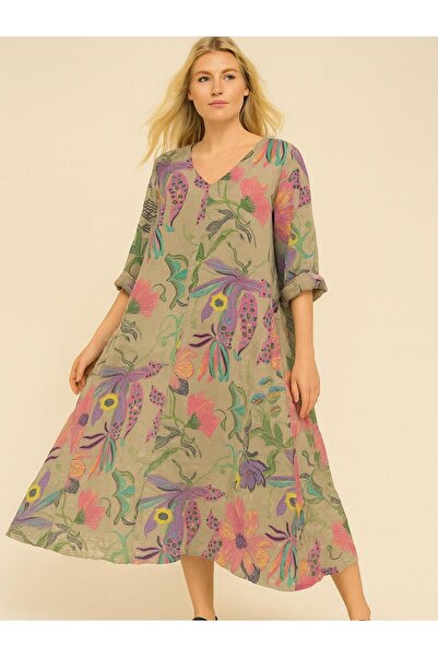 Butik İtalyan Çiçek Desenli Keten Elbise - VİZON