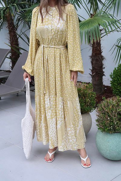 sharin Women's Yellow Floral Print Waist Belted Judge Collar Long Dress 10B-8927