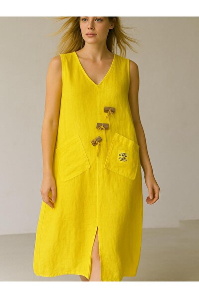 Butik İtalyan Keten Elbise - SARI