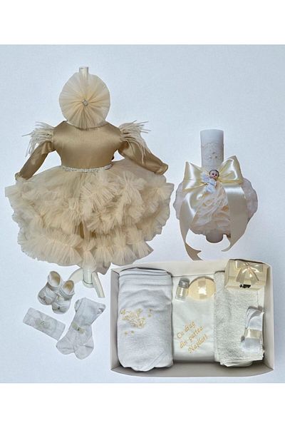Botez cu Alina Set botez Amira – ivory cu trena si volane