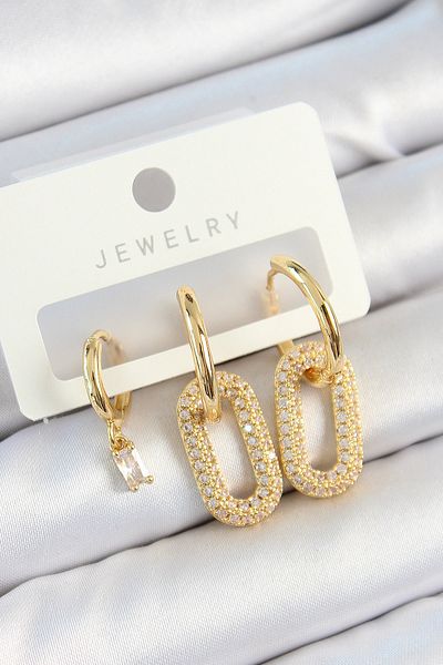 SeyCey.co Brass Zircon Stone Rectangular Model Gold Color 3-Piece Double Women's Earring Set