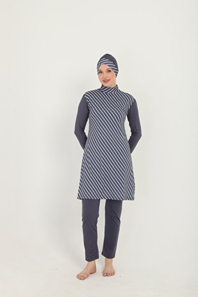 TRENDT MODA Çizgili Elbise Tayt Bone Üçlü Haşama Tesettür Mayo Takımı