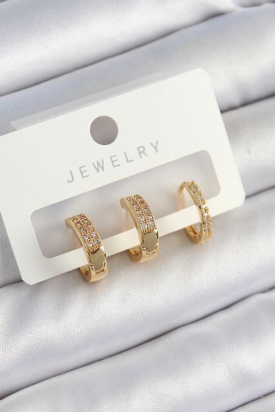 SeyCey.co Brass Zircon Stone Hoop Model Gold Color 3-Piece Double Women's Earring Set