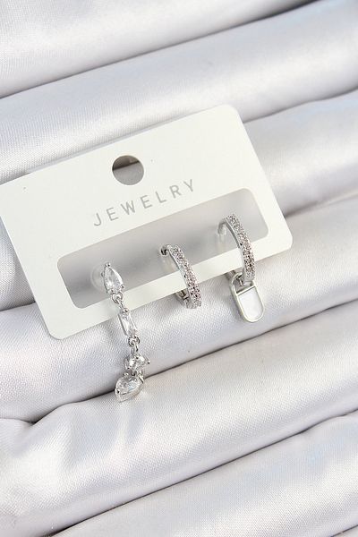 SeyCey.co Brass Zircon Stone Dangle Model Silver Color 3-Piece Double Women's Earring Set