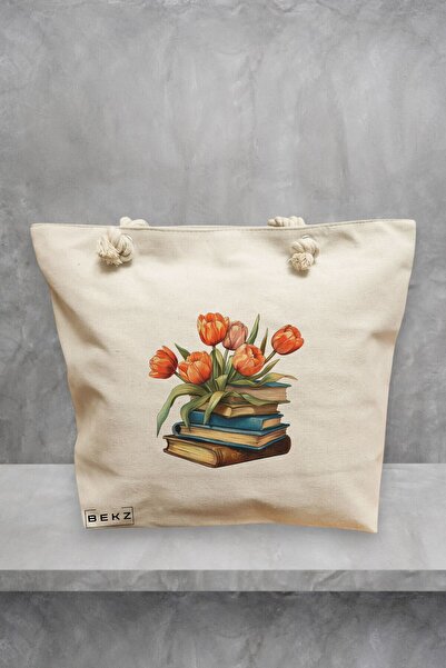 BEKZ Beach Tote Bag, Books and flowers 12 model, 40x51 cm, Cream, BEKZ®