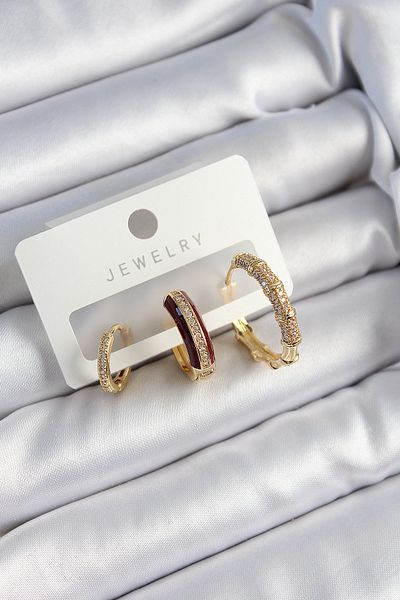 SeyCey.co Brass Zircon Stone Burgundy Ring Model Gold Color 3-Piece Double Women's Earring Set