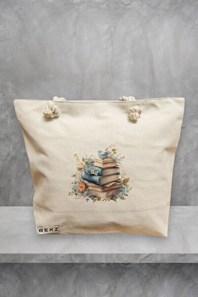 BEKZ Beach Tote Bag, Books and flowers 15 model, 40x51 cm, Cream, BEKZ®