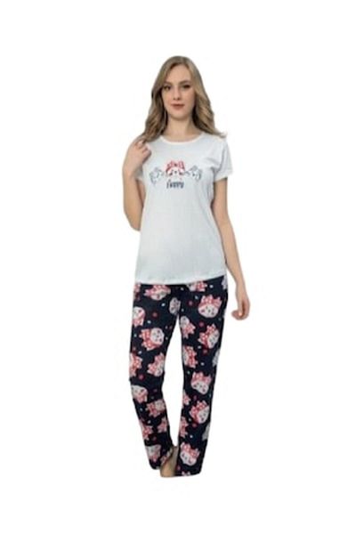 pamuklu - Set pijama, top și pantaloni, cu imprimeu text „Happy”, alb și bleumarin, mărimea M