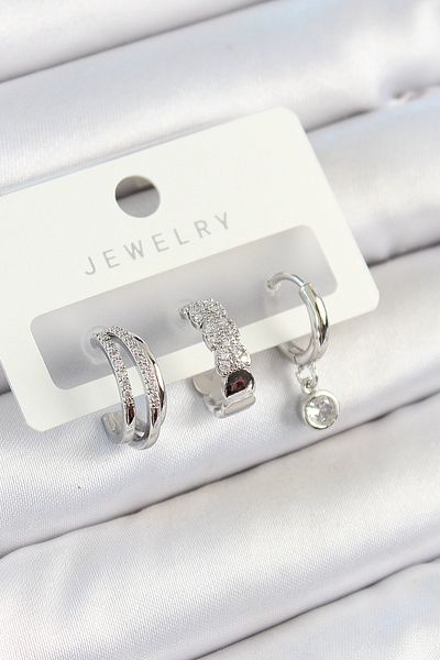 SeyCey.co Brass Zircon Stone Hoop Model Silver Color 3-Piece Double Women's Earring Set