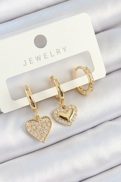 SeyCey.co Brass Zircon Stone Dangle Heart Model Gold Color 3-Piece Double Women's Earring Set