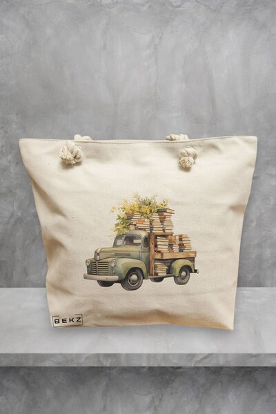 BEKZ Beach Tote Bag, model The flower truck with books, 40x51 cm, Cream, BEKZ®