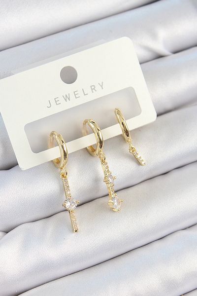 SeyCey.co Brass Zircon Stone Dangle Model Gold Color 3-Piece Double Women's Earring Set