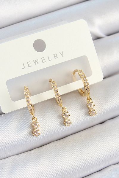 SeyCey.co Brass Zircon Stone Dangle Star Model Gold Color 3-Piece Double Women's Earring Set