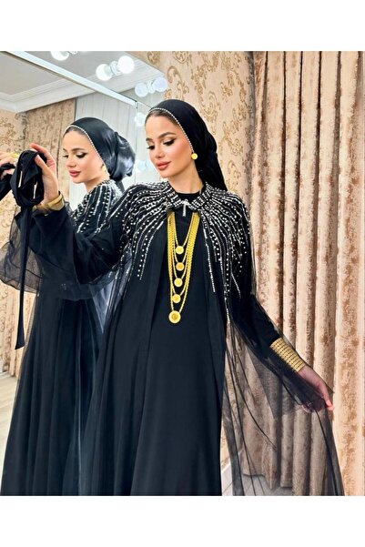 QSS Yaka Taşlı Kraliçe Siyah Tesettür Abaya Abiye