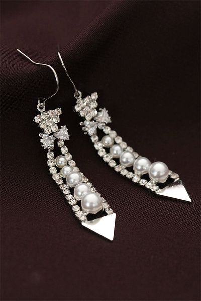 Clariss Steel Silver Color Pearl and Zircon Stone Dangle Earrings