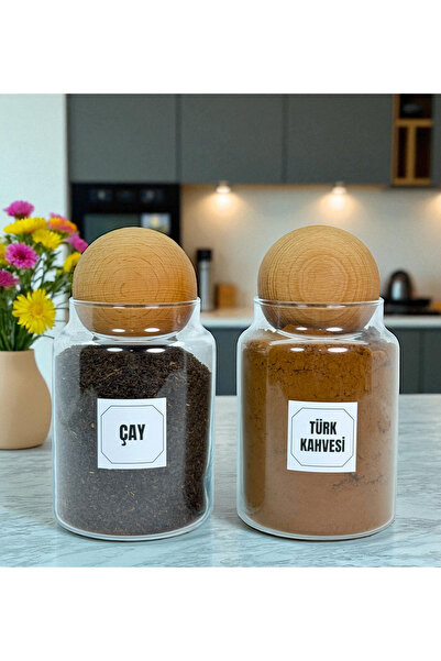 Genel Markalar 2'li Ahşap Top Kapaklı Cam Türk Kahvesi Çay Saklama Kavanozu S...