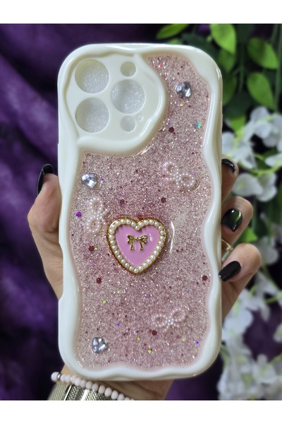 Magic Ring Iphone 16 PROMAX Uyumlu Kalpli Pembe Simli İnci ve Kurdele Detaylı...