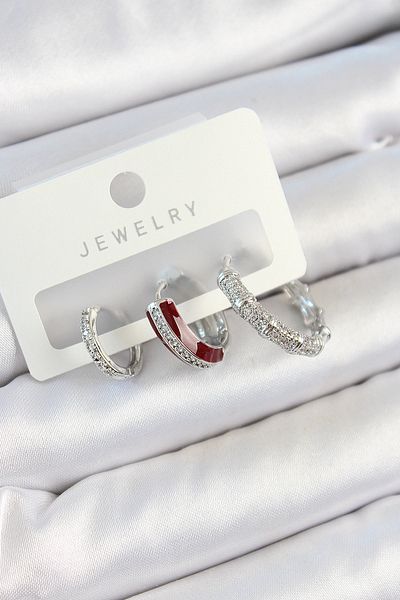 SeyCey.co Brass Zircon Stone Burgundy Pink Ring Model Silver Color 3-Piece Double Women's Earring Set