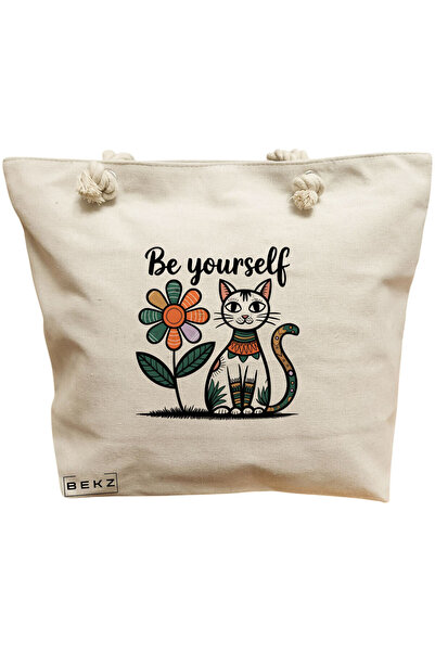 BEKZ Beach Tote Bag, Be Yourself Flower Cat model, 40x51 cm, Cream, BEKZ®