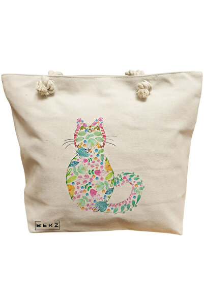 BEKZ Τσάντα Θαλάσσης, με σχέδιο λουλουδιών και γάτας, 40x51 εκ., Κρεμ, BEKZ®