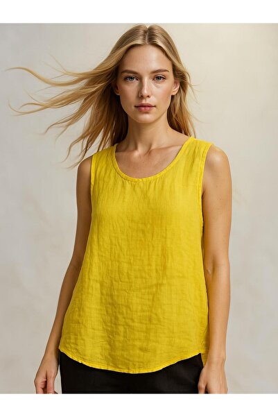 Butik İtalyan Keten Sırt Dantel Detaylı Bluz - SARI