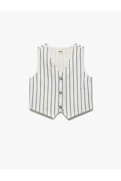 Koton Cotton V Neck Sleeveless Buttoned Striped Crop Denim Vest