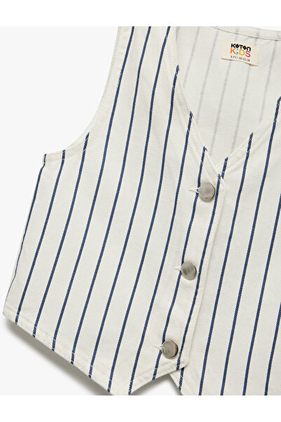 Koton Cotton V Neck Sleeveless Buttoned Striped Crop Denim Vest