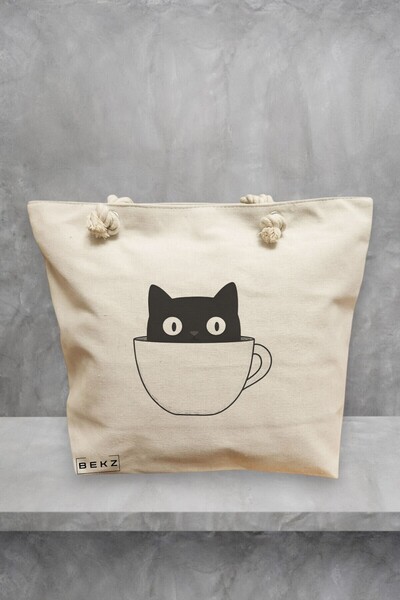 BEKZ Beach Tote Bag, model Caffeine Cat 14, 40x51 cm, Cream, BEKZ®