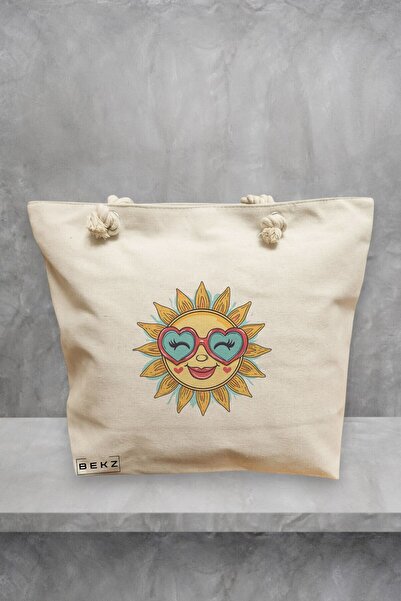 BEKZ Τσάντα Θαλάσσης, μοντέλο Sun faces 7, 40x51 cm, Κρεμ, BEKZ®