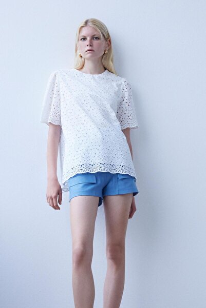By Mare Style Odette Blouse-Organic Cotton White Blouse with Guipure Brode Detail