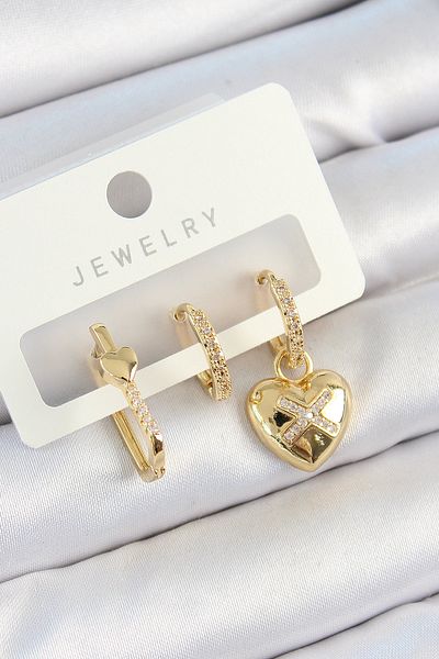 SeyCey.co Brass Zircon Stone Heart Model Gold Color 3-Piece Double Women's Earring Set
