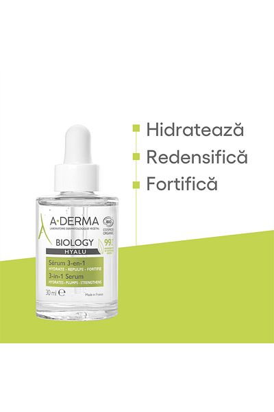A-DERMA Ser hidratant 3 în 1 Biology Hyalu A-Derma, 30 ml