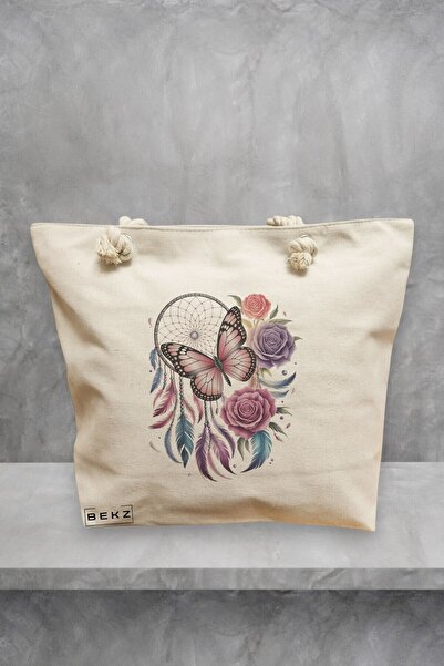 BEKZ Τσάντα Θαλάσσης, σχέδιο Λουλούδια και Πεταλούδα, 40x51 εκ., Κρεμ, BEKZ®