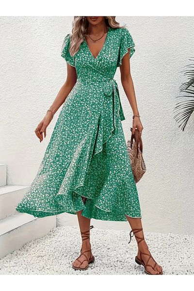Masspera Rochie de lungime midi cu guler dublu, cu mâneci scurte, cu model, cu detaliu de cravată
