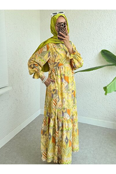 Modamorfo Side Lace Sleeve Elastic Half Button Viscose Dress - Fat Green