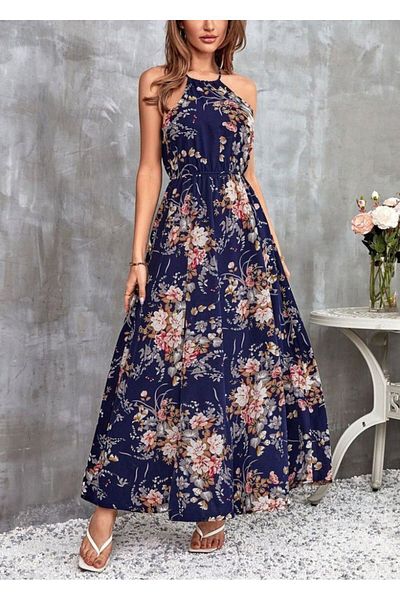 Monapera Off-The-Shoulder Floral Print Slit Maxi Dress with Elastic Waist