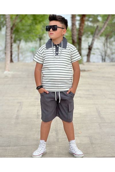 Modaayaz Polo collar striped patterned boy's gray bottom-top set