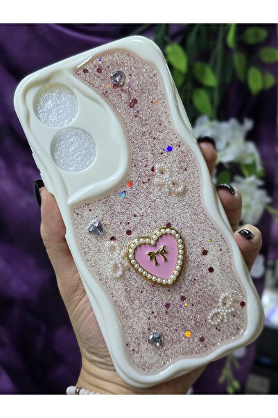 Magic Ring OPPO A60 Uyumlu Kalpli Pembe Simli İnci ve Kurdele Detaylı Şık Tel...
