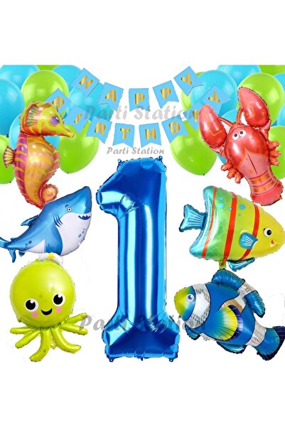 Partifest مجموعة بالونات عيد ميلاد السنة الأولى من Ocean Animals مع مجموعة با...